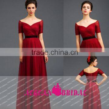 K141 V Neck Short Sleeve Chiffion A Line Red Prom Dresses