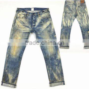 Custom High quality vintage wash distressed Japanese selvedge jeans denim selvedge denim jeans(LOTR010)