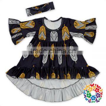 Latest Children Half Sleeve Boutique Birthday Dress Designs Black Feather Milk Silk Dress Toddler