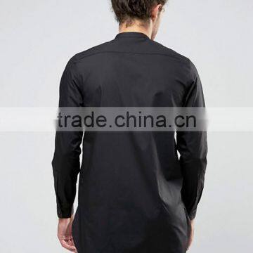 Custom New Design Long Sleeve Curved Hem Longline Grandad Collar Mens 55% Cotton 45% Polyester Comfort Fit Casual Black Shirts photo-2