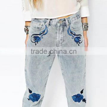 Front Girls Embroidery Flowers Ladies Fancy Jeans Loose Style photo-3