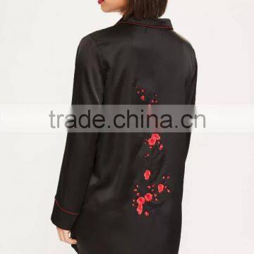 Floral Embroidered Bridal Shirt Sleepwear Black Satin Sleep Shirt Piping Button Longline Shirt Pyjamas With Curved Hem photo-5