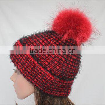 Myfur Red And Black Customized Adult Wool Beanie Hat with Real Fur Bobble