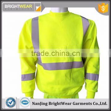 Fluorescent yellow long sleeve safety sweatshirt with reflective tape for Canada