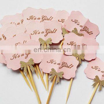 Newest Design 'It's a Girl' Pink Paper with Bow Cupcake Topper Cake Decoration