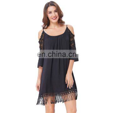 Kate Kasin Sexy Womens Loose 3/4 Sleeve Cold Shoulder Tasseled Black Cotton Dress KK000644-1