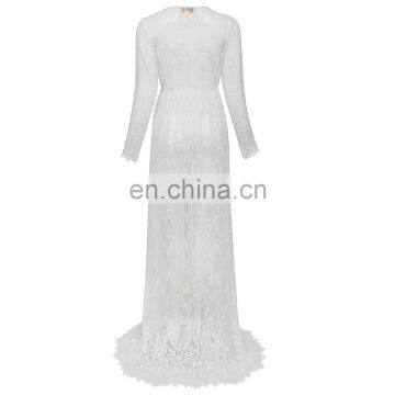 Kate Kasin Maternity Sexy Deep V-Neck Long Sleeve See-Through White Lace Maxi Long Maternity Dress KK001082-2 photo-2