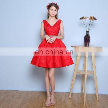 Unique Design Sweet Red V Neck Sleeveless A Line Mini Lace Backless Beaded Evening Dress