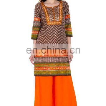 Beautiful Embroidered Knee Length Cotton Brown Color Round Neck Net kurtis Designs lady Kurtis