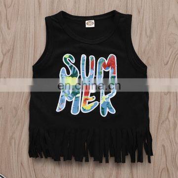 2019 New Summer Outfits "SUMMER" Print Black Girls Tassel Vest Tops & FLORAL Full Print Shorts 2pc Set 0-4years photo-2