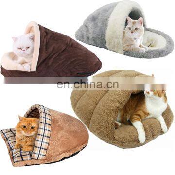 New Style Triangle Soft Flannel Hooded Cat Bed Chunky Cat Pet Sleeping Bag