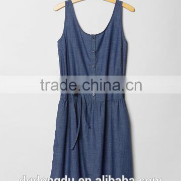 2016 fashion Hot sell Blue O-Neck Sleeveless Elastic Denim Dress plus size jean dresses with belt