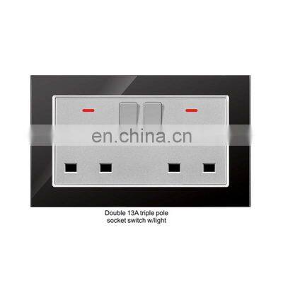 Fashion new style red gold black frame glass panel double 13A three pole socket switch with lamp electric wall switch socket