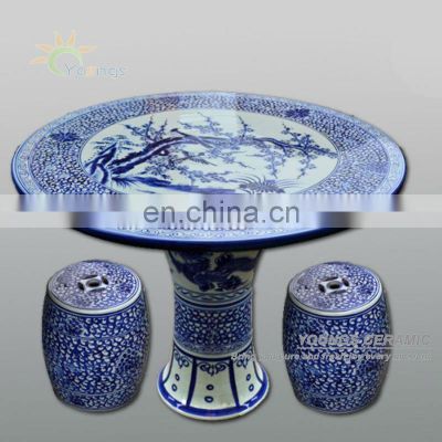 Chinese antique blue and white ceramic porcelain garden table and stool