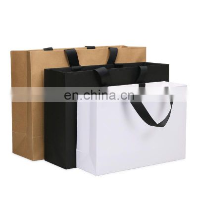 Printed Your Own Logo Packaging White Brown Kraft Gift Craft Shopping Paper Bag With Ribbon Handles