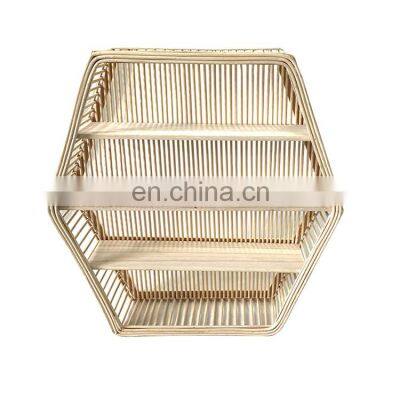 China handmade hexagon rattan wicker wall hanging shelf rack