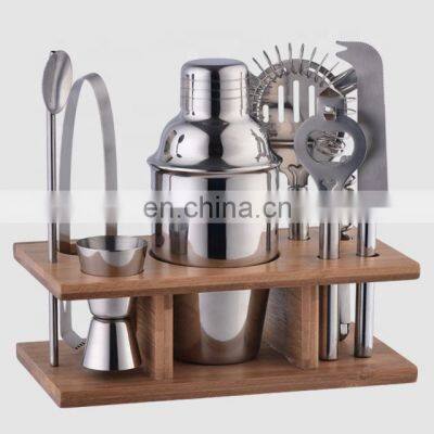 Creation Professional Bamboo Wood Stand 350ml Martini Cocktail Shaker Factory Stainless Steel Home Mini Wine Bar Accessory Set