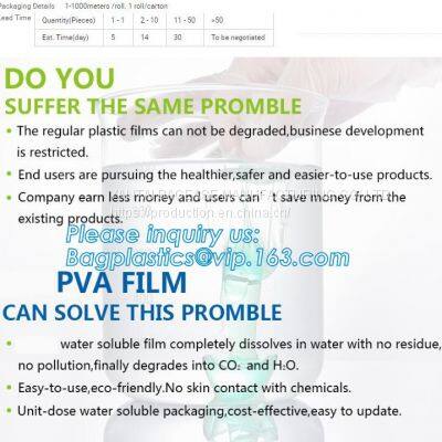 WATER SOLUBLE BAG, PVA MOULD PEEL FILM, POLYVINYL ALCOHOL, LAUNDRY SACK, DETERGENT POD PACK