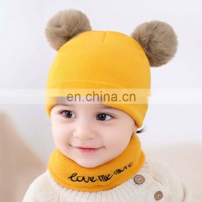 Wholesale Knitted Baby Hat With Pompoms And Neck Warmer