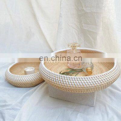 Set Of 2 Round White Rattan Serving Tray With Handle, Wicker Fruit tray Wholesale Handwoven