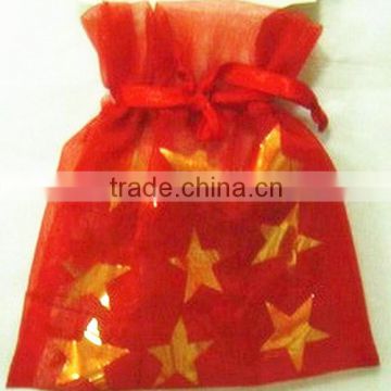 Red organza bag with drawsting and 1C printing for gift package