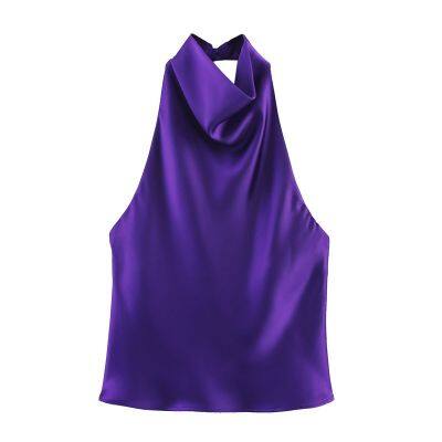 Summer New European and American Style Women's Fashionable and Sexy Spicy Girl Silk Texture Hanging Neck Top photo-3