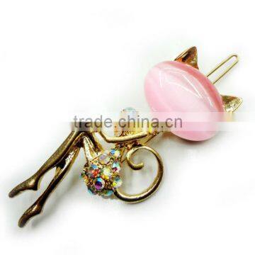 Animal Design Lady Cat Hair Pin With Big Cateye Stone