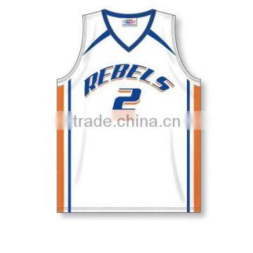 100% Polyester Custom Sublimated Rebels White Pro cut V-Neck Basketball Jersey / Shirt