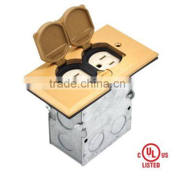 Brass recessed floor box with 15A white TR receptacle and junction box UL & CUL listed