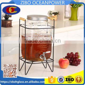 Glass bottle beverage dispenser glass water with lid and tap 6L iron shelf