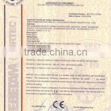 Certificate of Conformity for Pellet Stove