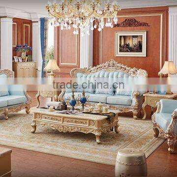 Champagne gold color flower hand carving light blue leather sofa set