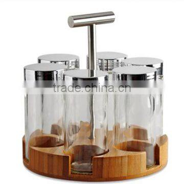 rotatable bamboo spice rack with spice jar and pepper mill grinder