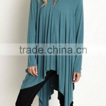 Women Wear Long Sleeves Scoop Neck Asymmetrical Hem TRAPEZE TUNIC TOP For Spring photo-2