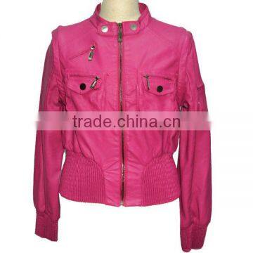 Crepe bottom pink PU leather jacket for woman , PU out wear