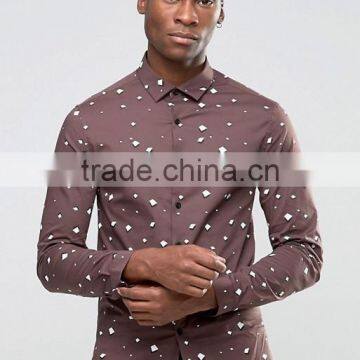 Long Sleeve Spread Collar Mens Pre-Shrunk 97% Cotton 3% Elastane Breathable Slim Fit Casual Brown Printing Shirts