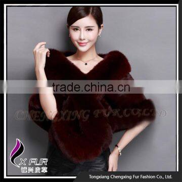 CX-B-M-05G Stock Wholesale Cape/ Women Mink Fur With Fox Fur Trim Fashion Shawl