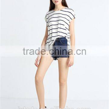 European American Style Leisure Loose Knitting Minimalism Round Collar Short Sleeve Stripe T-shirt photo-6