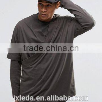 Customize men plain fashion oversized long sleeve double layer kimono t-shirt / tees