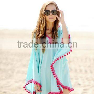 size S,M,L,XL western light blue pom pom surf beach ponchos for women