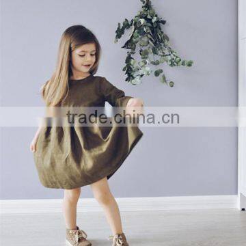 Ties Back Kid Clothing Linen Fabric Dress Elegant Girls Cotton Frock Designs