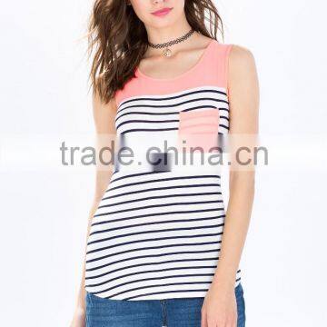 Hot Selling Sleeveless Strips Kinited Pocket Front Clip Back Lady Blouse photo-2