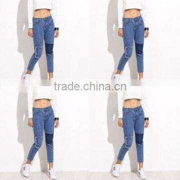 pictures of Jeans patchwork blue pants women casual pants