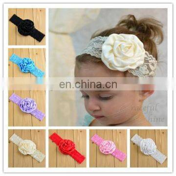 Wholesale 14 colors elastic lace band with ribbon rose for girls headband