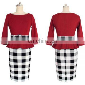 Fashion elegant long sleeves woman pencil dress with grid skirt and belt