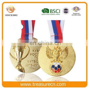 Strong Relief Gold Round Metal Sports Medallion With Enamel Football Logo