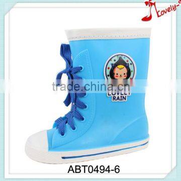 China factory girls lace up flat heel waterproof rain boots