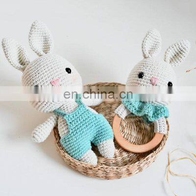 Handmade Knitted Set Amigurumi Crochet Rabbit Doll Set Baby Gift Wooden Teether Ring Kid's Toy Vietnam Supplier Cheap Wholesale photo-3