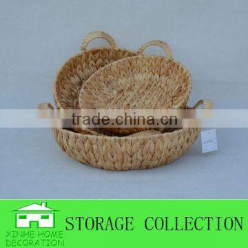 S/3 Round Natural Handwoven Water Hyacinth Storage Tray With Handles