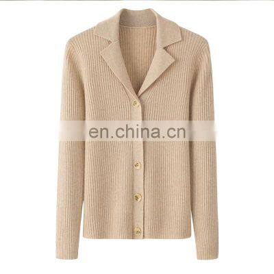 Women's High Quality Winter Solid Pattern Knitted Polo Shirt Pure Cashmere Button-Up Cardigan Formal Style